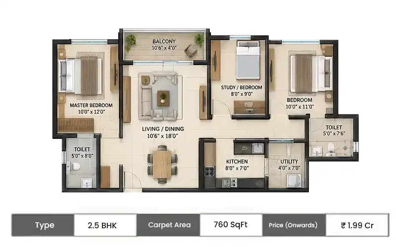 Dhanani Shree Krishna 2.5 BHK floor plan, 760 sq ft carpet area