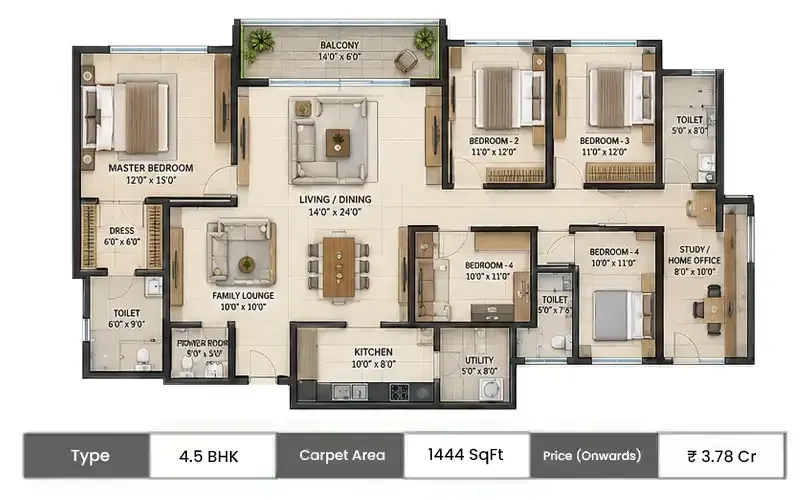 Dhanani Shree Krishna 4.5 BHK floor plan, 1444 sq ft carpet area
