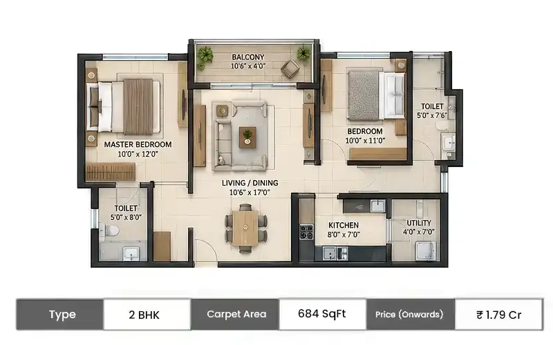 Dhanani Shree Krishna 2 BHK floor plan, 684 sq ft carpet area