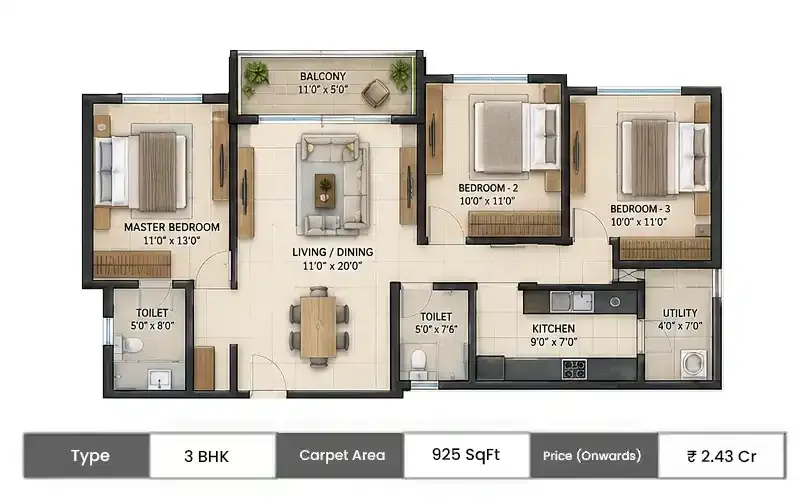 Dhanani Shree Krishna 3 BHK floor plan, 925 sq ft carpet area